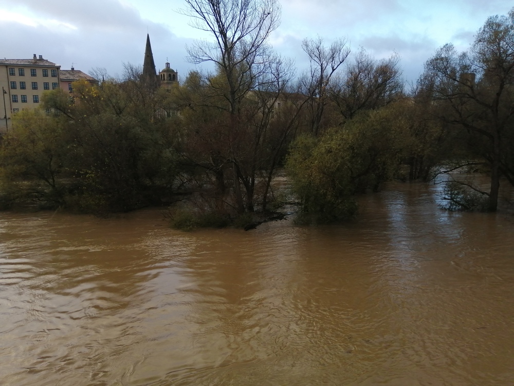 Zonas de la margen derecha inundadas. Al fondo, la agua de la iglesia de Palacio.  / EL DÍA