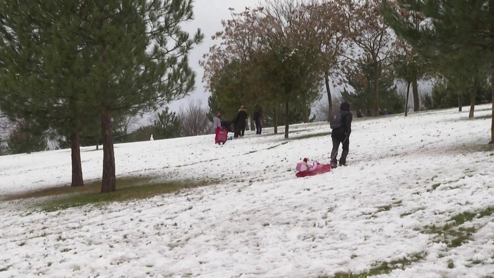 Pequeños y mayores han salido a disfrutar de la nieve en los jardines de la ciudad