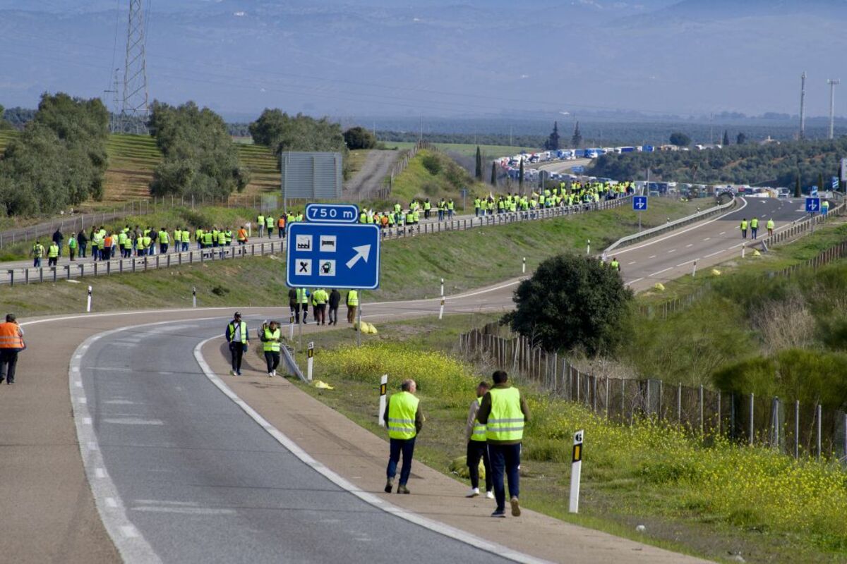 Centenares de agricultores cortan la entrada y salida a Andalucía en la A-4, en Jaén  / JOSÉ MANUEL PEDROSA